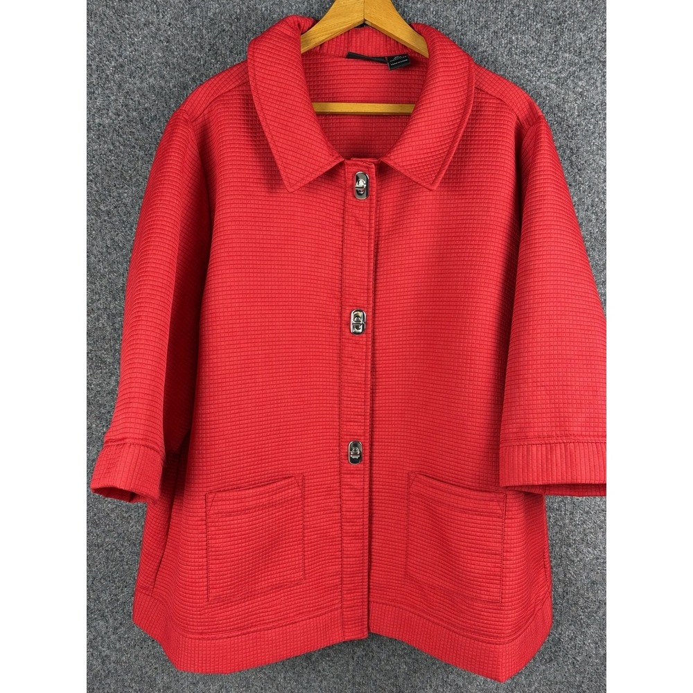 Maggie Barnes Red Textured Grid Knit Toggle Button Jacket Plus Size 2X 22/24
